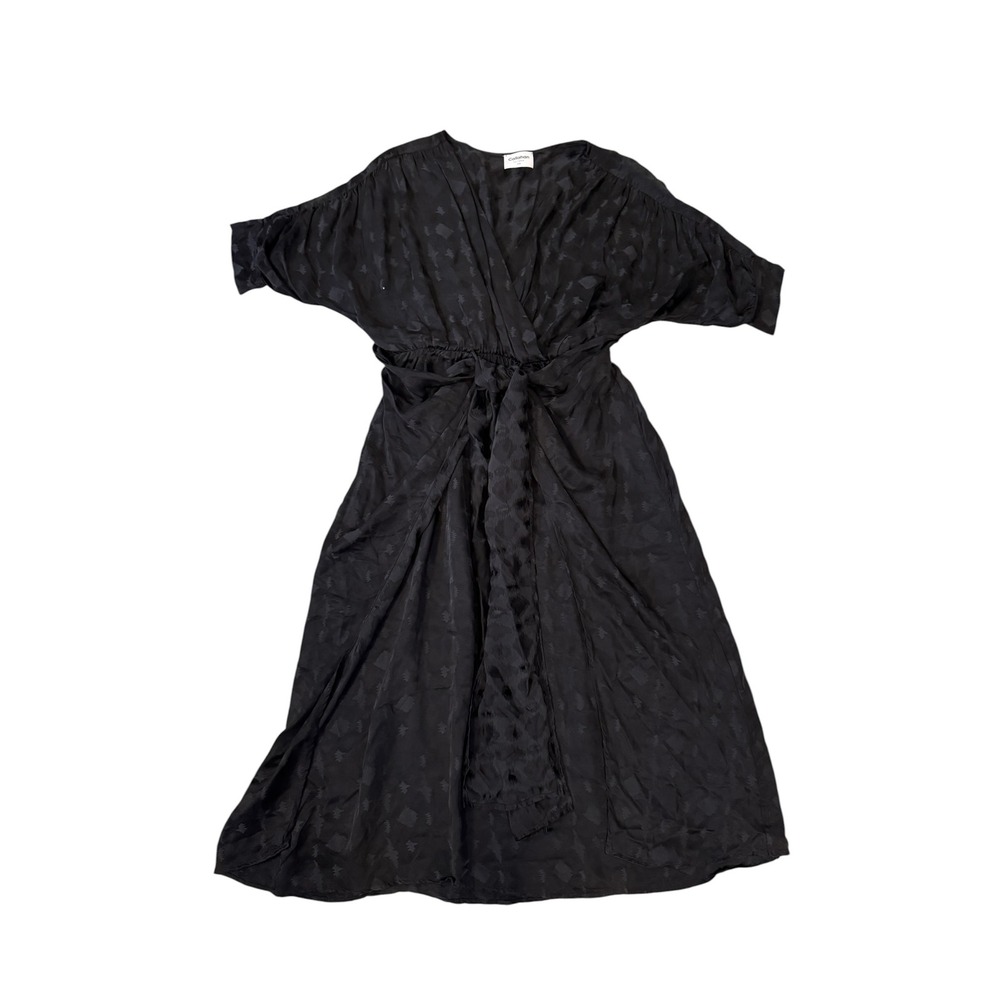 Callahan Wrap Midi Dress Womens XS Black Jacquard Tie Waist Cupro Tencel